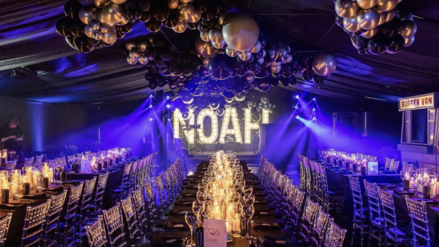 Planning & Production: Gen Z Events. Birthday Party, ceiling balloons, dramatic lights, black and gold birthday party.