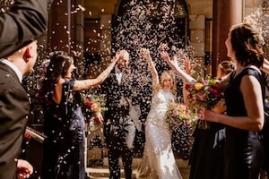 Photographer: Sharron Gibson. Modern wedding, London Town hall wedding ceremony, confetti.
