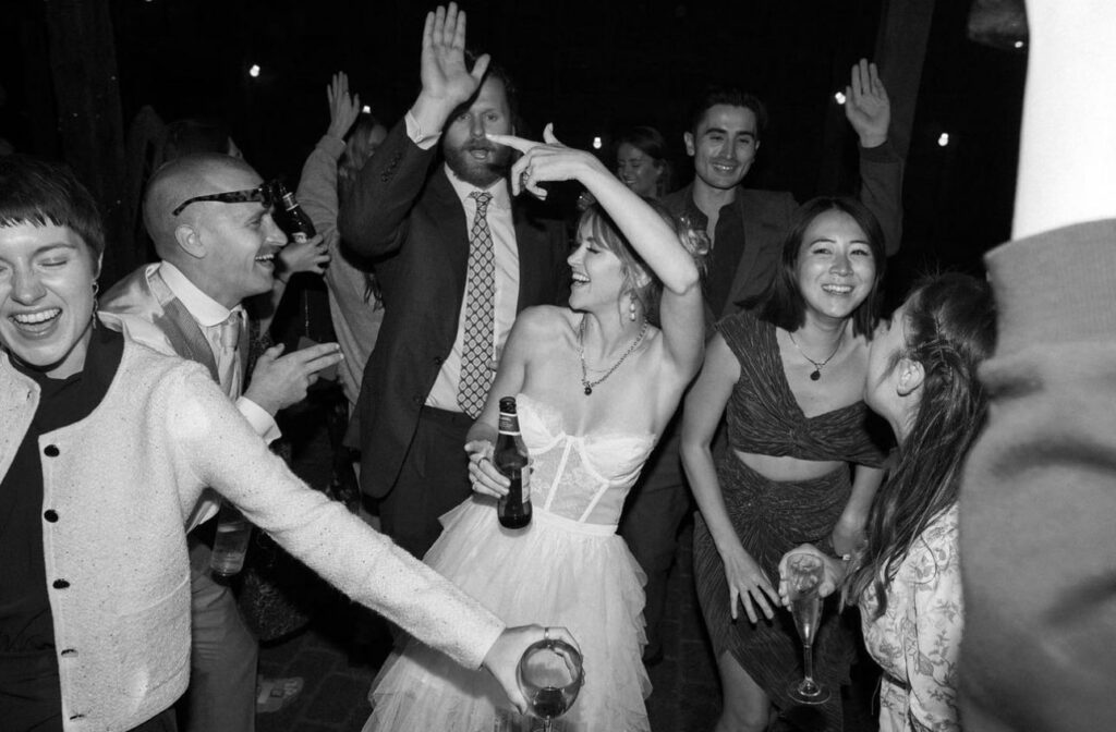 Wedding dancing party black and white wedding photograph